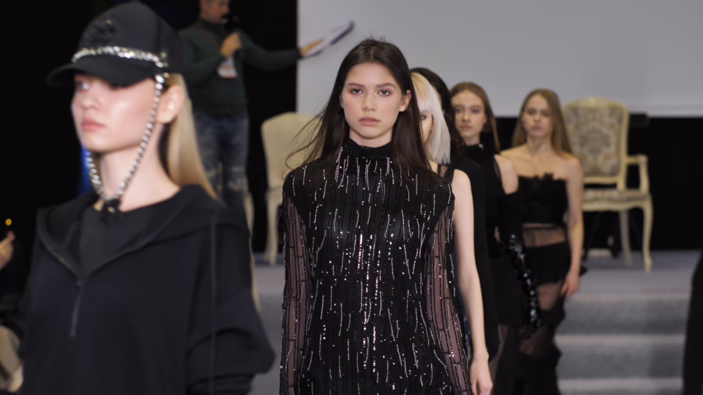 Models in black at London Fashion Week